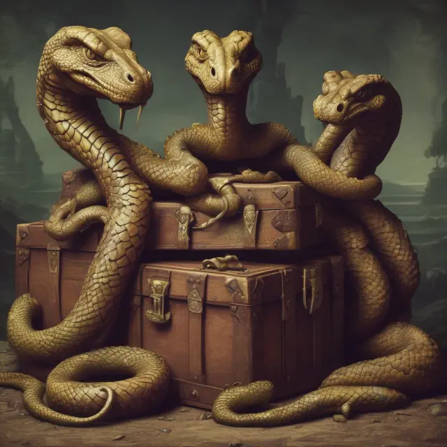 Three-headed serpent guards treasure chests labeled with bond ratings. Investors use ratings to evaluate issuer risk and invest wisely