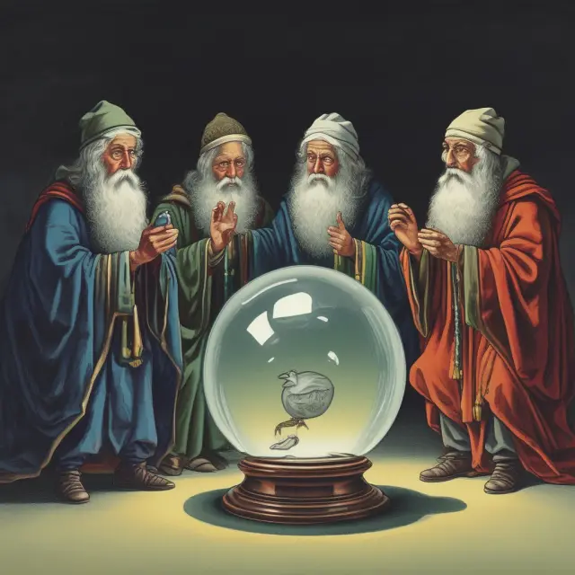 Three wise oracles analyzing issuer creditworthiness using crystal balls symbolizing S&P, Moody