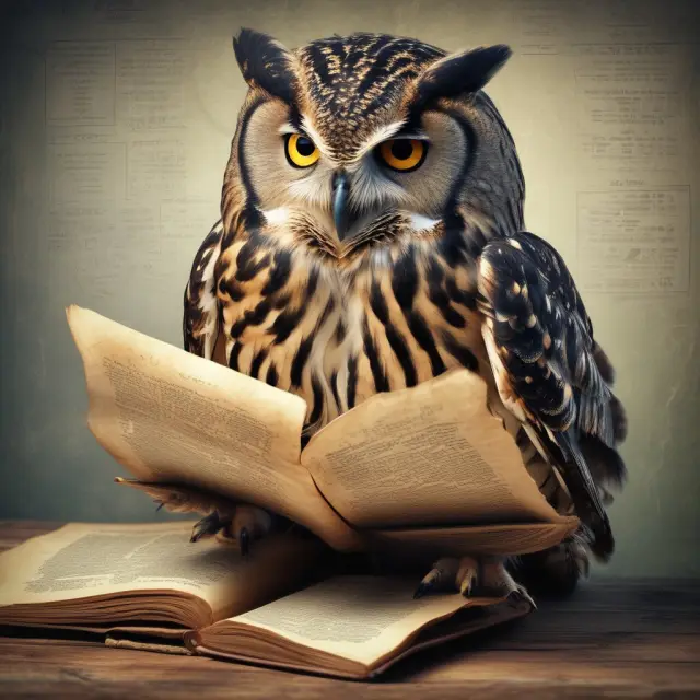 An owl examines ancient parchment scrolls, symbolizing the process of ratio analysis and evaluating a company