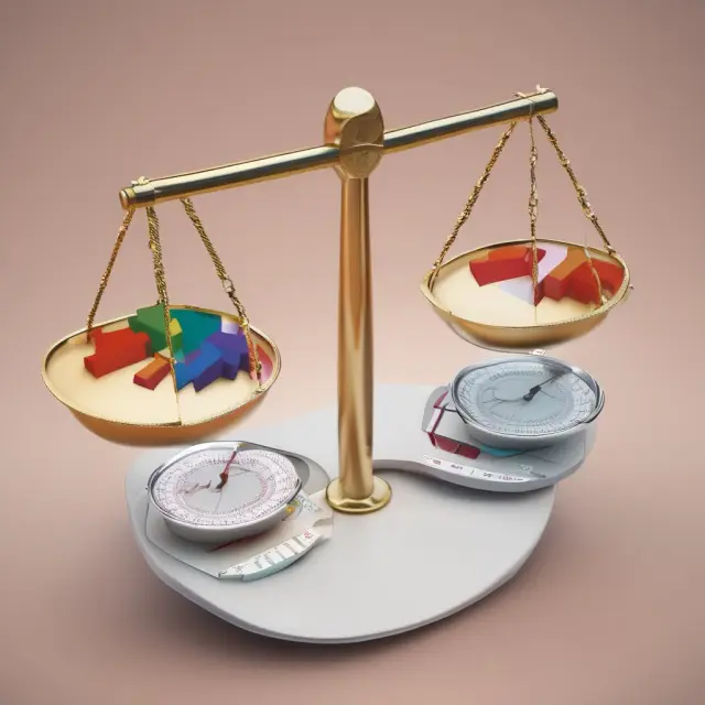 A balance scale with gold coins representing ratio analysis, revealing trends in a company
