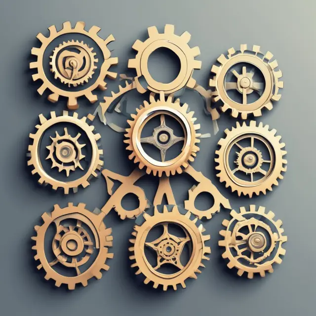 Interconnected gears representing six types of ratio analysis: liquidity, solvency, profitability, efficiency, coverage, and market prospect ratios.