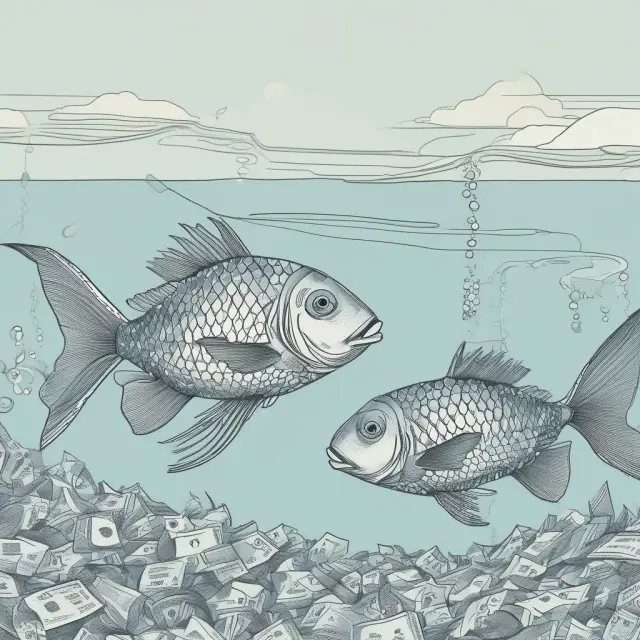 Two connected fish symbolize Current Ratio and Quick Ratio swimming through financial statements