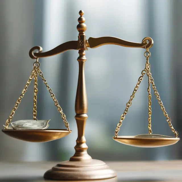 Scales with gold coins representing equity balanced on one side, debt symbolized by silver coins on the other. Solvency ratios gauge financial strength.