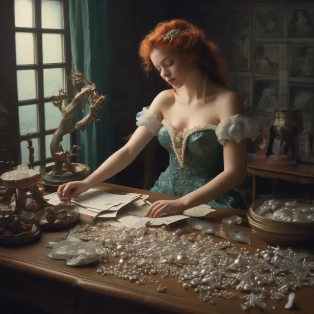 A mermaid meticulously sorts pearls on a table, symbolizing the efficient calculation of essential financial metrics like turnover ratio and inventory turnover.
