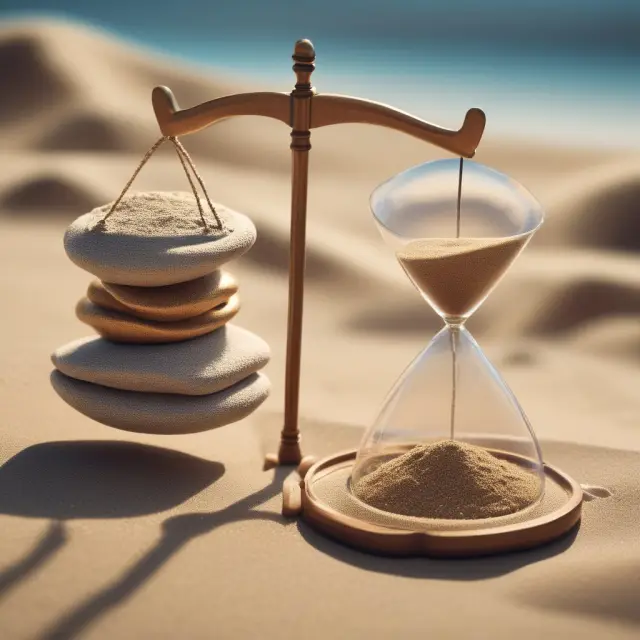 A balance scale illustrates the relationship between rational behavior and risk, featuring a bag of coins representing rewards and an hourglass filled with sand symbolizing risks.