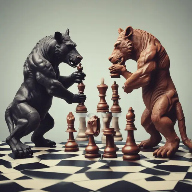A rational bull and bear engage in a chess match, illustrating the concept of optimizing utility in finance through risk management