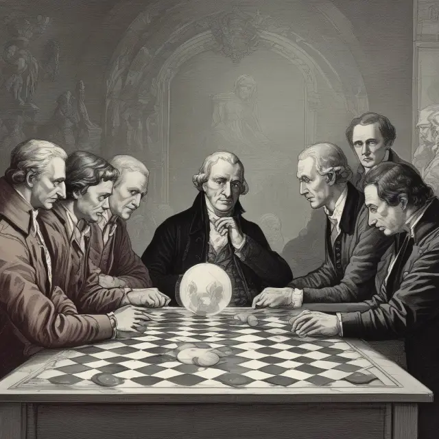Adam Smith pondering self-interest, individuals on a chessboard shaped market guided by the 