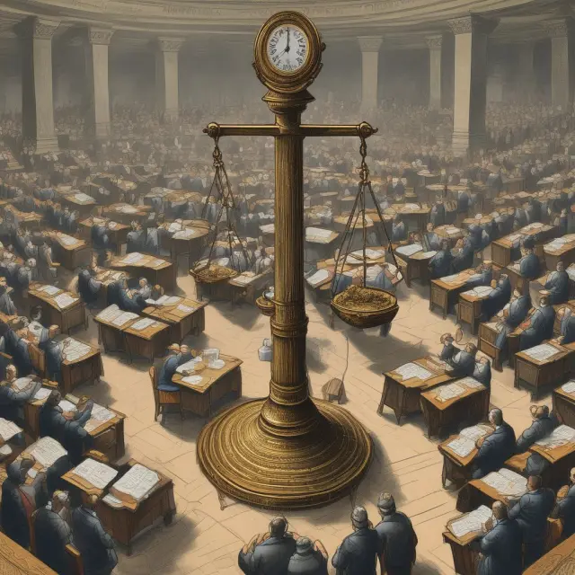Stock market floor filled with investors using weighing scales to make informed decisions based on self-interest and available information