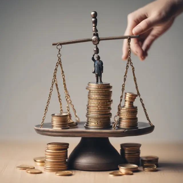 Person considering options at a table, surrounded by coins, with a compass and scales to represent evaluating costs, benefits, and making informed decisions.