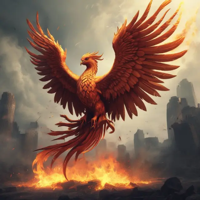 Phoenix rising from flames with business charts, depicting company rationalization leading to transformation.