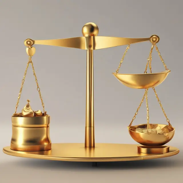 A golden scale balanced between two baskets - one filled with products and the other with applications, representing product and applications rationalization for business growth
