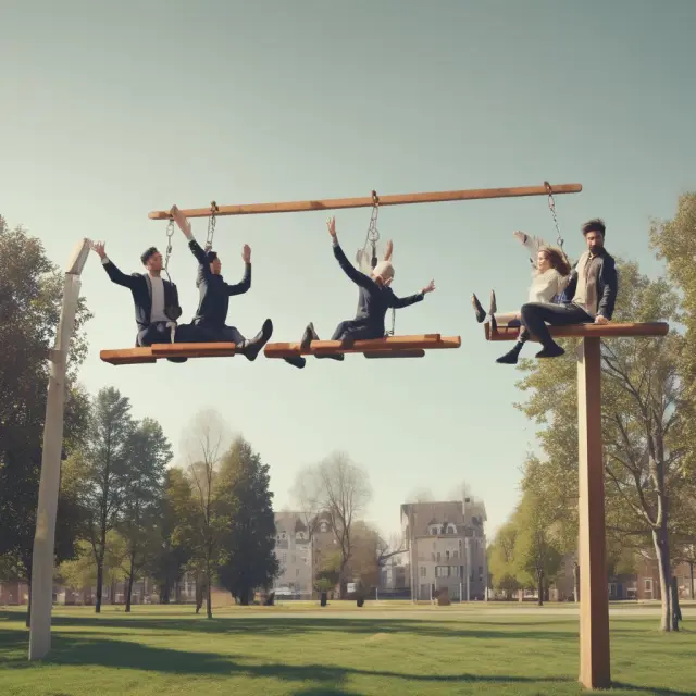 A seesaw with employees representing job loss, increased workload, and changing working conditions, symbolizing the impact of company rationalization