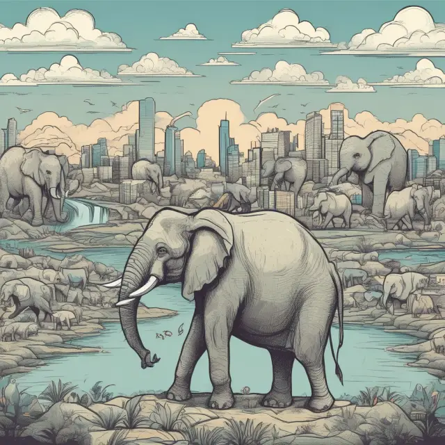 An elephant sheds excessive weight in a rationalized business landscape, symbolizing efficient companies.