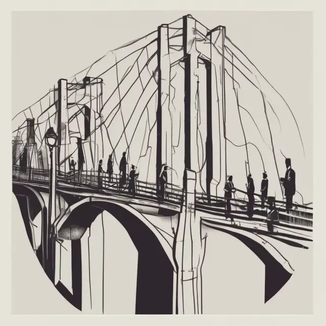A group of individuals on a bridge sharing information, illustrating the continuous process of updating rational expectations leading to economic equilibrium.