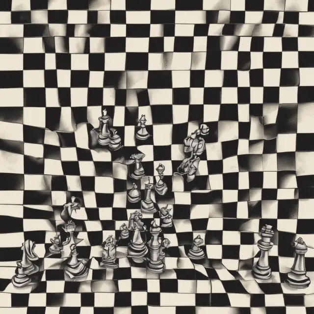 A chessboard representing the rational expectations theory with pieces symbolizing faith (belief in the theory) and skepticism (criticism of it), each questioning their place on the board.