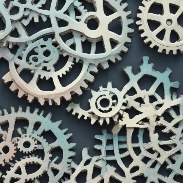 A constellation of five cracked gears representing the limitations and criticisms of Rational Expectations Theory