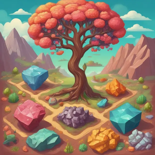 A mining scene with a gem evolving from the earth, a blossoming tree symbolizing plant-based raw materials, and livestock grazing in a field representing animal-based resources