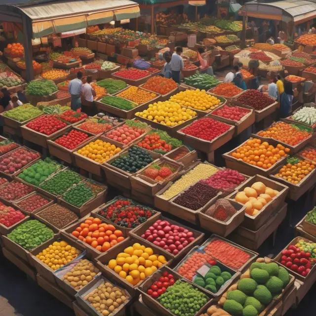Busy market featuring a variety of raw materials for food production: fruits, vegetables, grains, meat, dairy, nuts & minerals