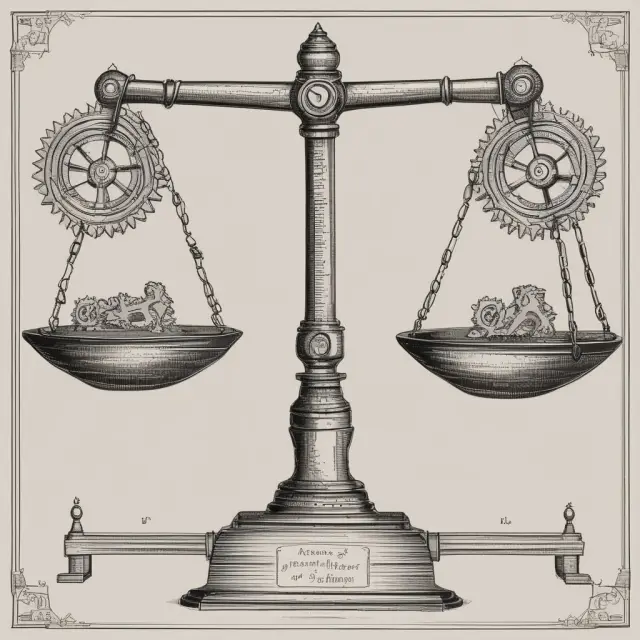 Scale on left holds product and direct raw materials. Scale right showcases gears and indirect raw materials, both maintaining balance in manufacturing.