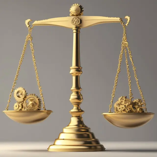 Image of two scales, one weighed down by gold bars and the other balanced with gears and cogs - third-party sourcing vs production facility.