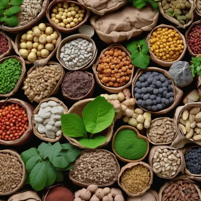 A bountiful harvest of raw materials nourishing the global economy and international trade, with a world map at its base and interconnected countries exchanging resources