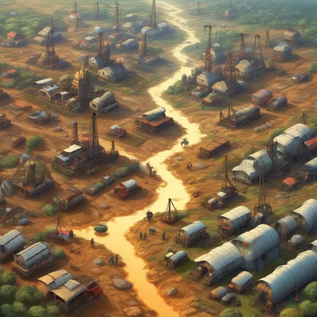 Traders at a bustling commodity exchange surrounded by representations of gold mines, oil rigs, and agricultural fields