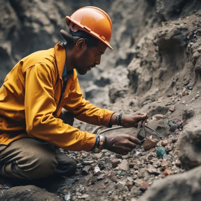 A miner in protective gear extracts gems from a mine using eco-friendly techniques. The scene reflects commitment to responsible raw material sourcing.