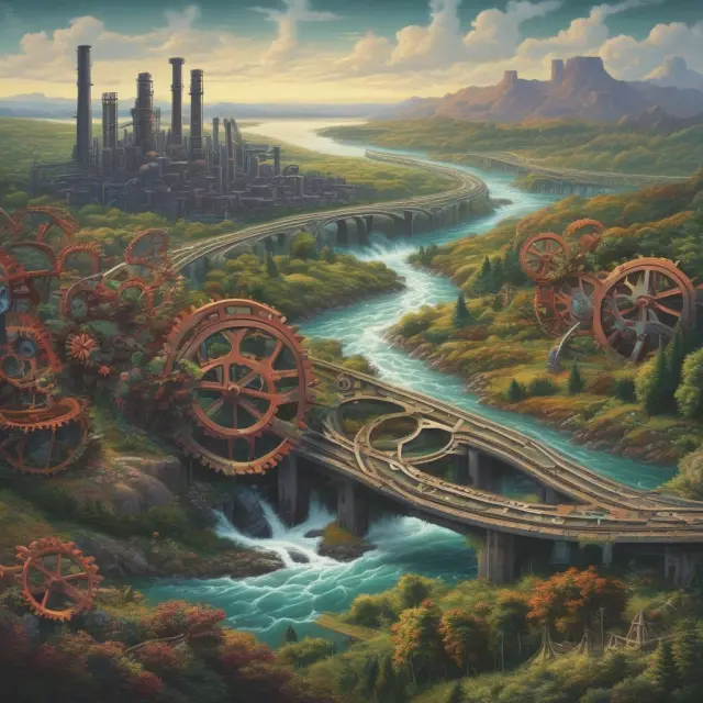 An industrial landscape with interconnected gears illustrating the flow of raw materials from nature to factories