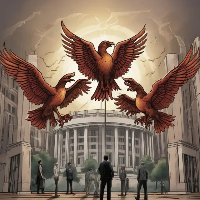 Visualization of the RBI, Federal Reserve System, and European Central Bank as mythical phoenixes rising from economic chaos, symbolizing resilience and stability