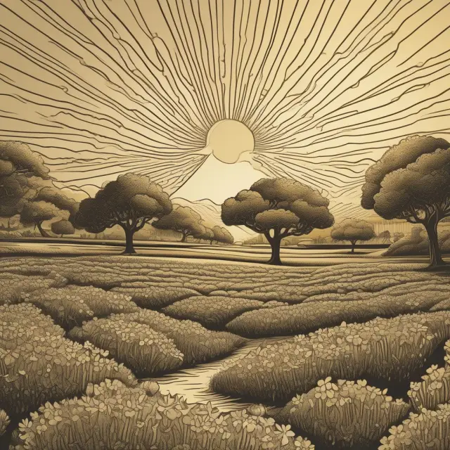 An image of a golden age economy with the sun casting rays upon fields, symbolizing tax reductions, and supply-side policies fostering economic growth through trickle-down opportunities