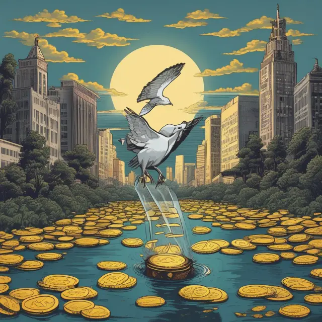 A dove, symbolizing President Reagan, releasing golden coins to stimulate an ocean of economic growth
