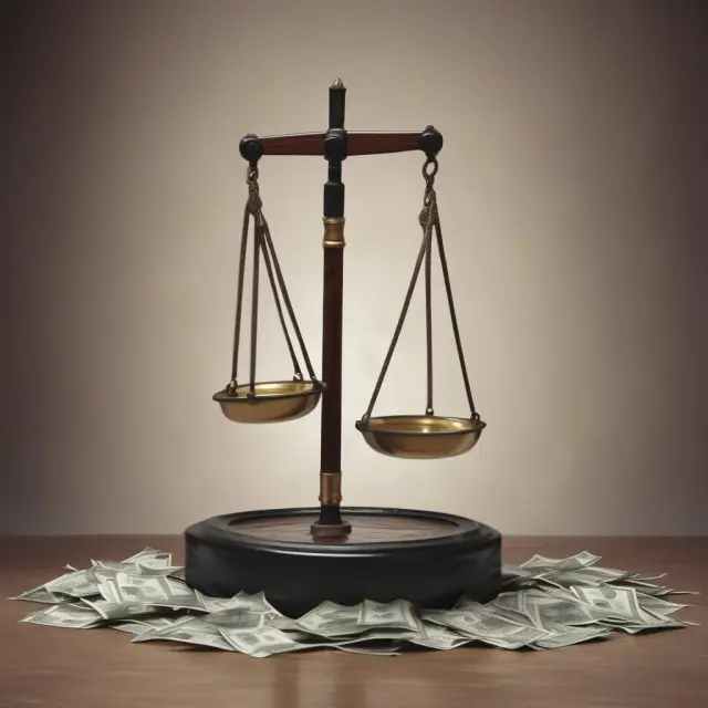 Image of a balance scale tipping toward defense spending (represented by a heavy weight) with a sinking budget barrel for domestic programs (lighter weight). Reaganomics period, 1980s