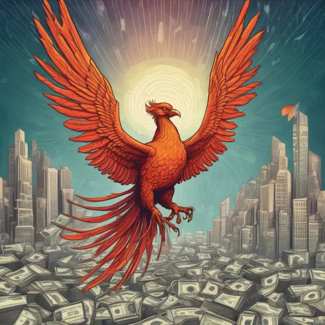 Image of a mythical Phoenix rising from a body of charts depicting interest rates during the Reagan era, symbolizing the effective reduction of inflation through monetary policy.