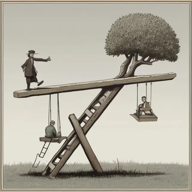 An unequal see-saw representing wealth disparity and a heavy burden of national debt due to Reaganomics