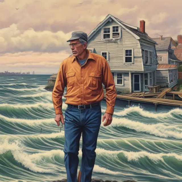 A homeowner clings to a life raft in a turbulent sea symbolizing a struggling housing market. They discuss terms with a lender onshore, hoping for forgiveness of mortgage debt through a short sale.