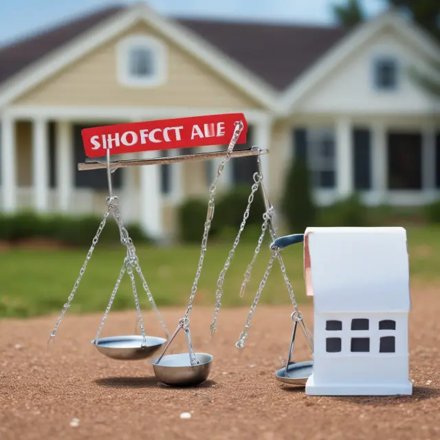 Balancing scale comparing short sale and foreclosure homes, illustrating their impact on credit rating, eligibility, and property acquisition.