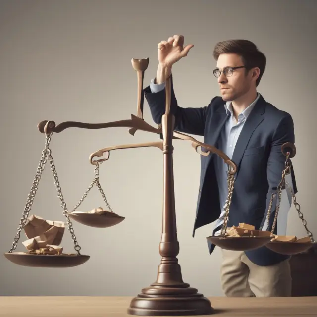 A homeowner in deep thought sits on one side of a balance scale, while a determined lender stands on the other. Both weigh their options: financial hardship versus short sale resolution.