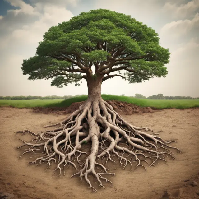 An oak tree with its roots extending into various strata beneath the ground, emphasizing land
