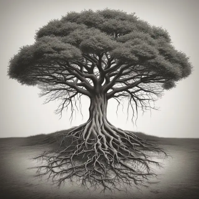 A tree symbolizing real property with roots as land and branches as real estate structures, emphasizing their connection and distinction