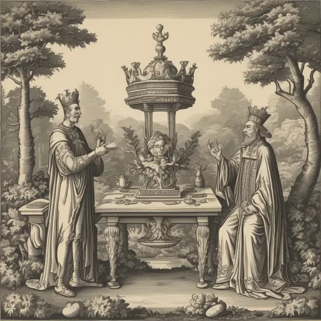 Nobleman granting fee simple estate with land and castle in background.