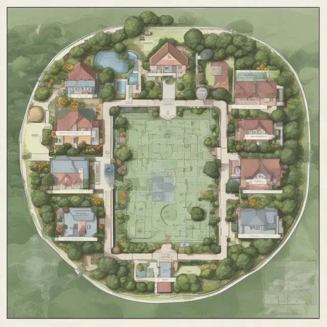 A lush landscape featuring a house on 5 acres of land, with a zoning map displaying residential areas and distinctions between freehold estates, non-freehold estates, and personal property.