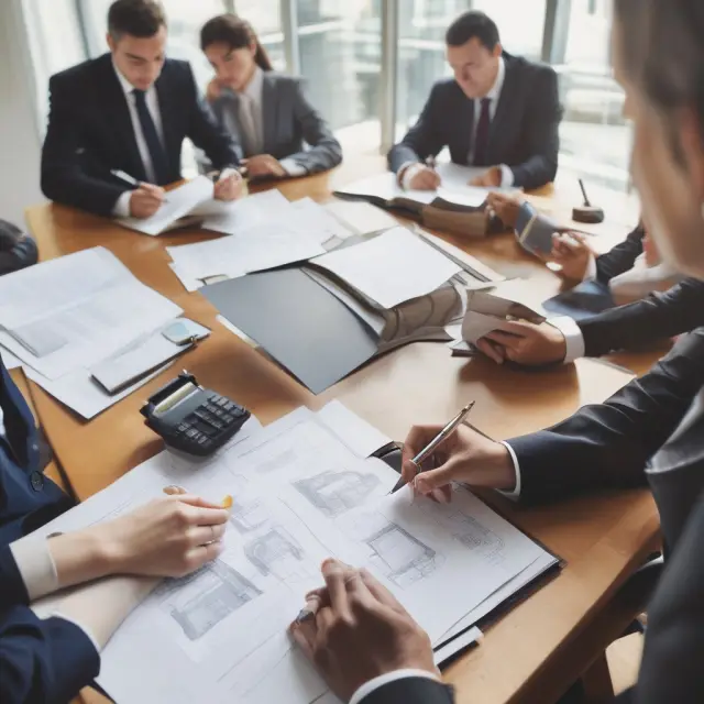 Lawyers constructing a stable foundation with interconnected legal documents symbolizing a successful real estate transaction.