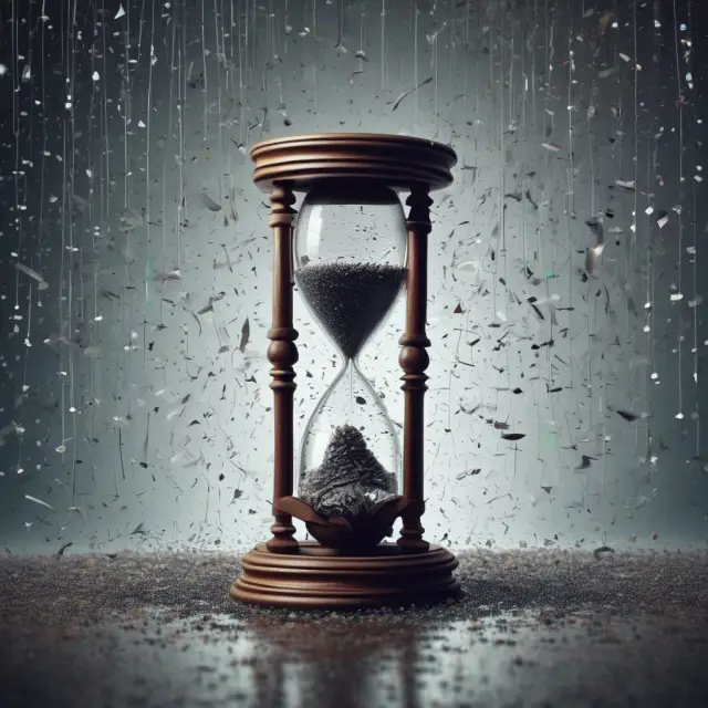 An hourglass filled with ticker tape representing real-time quotes flowing in continuously for accurate, up-to-date market data.