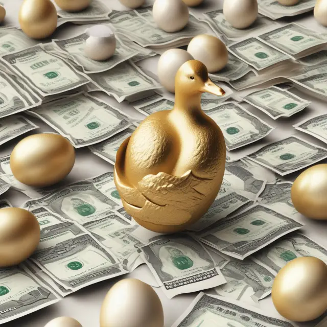 A golden goose laying eggs amid various investment assets - stocks, bonds, and real estate, emphasizing the role of real estate as a powerful real asset