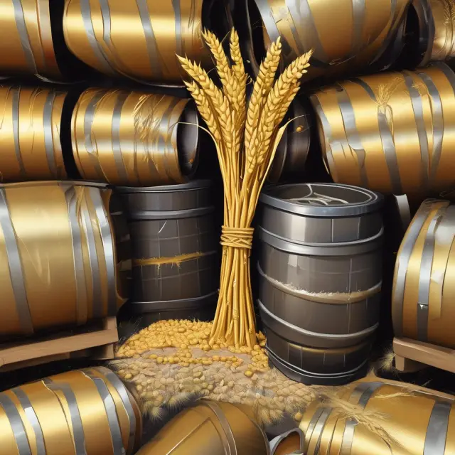 A tableau of a golden sheaf of wheat, oil barrels, and gold ingots blending to illustrate the essential components of real assets.