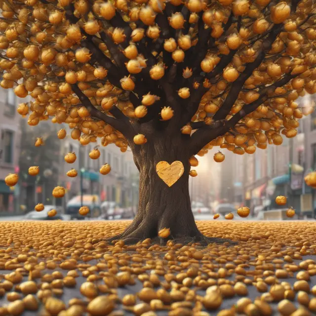 Golden acorns representing real asset advantages scattered around a cityscape, with a tree rooted at the center