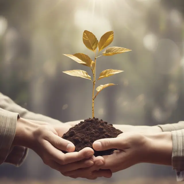 An image of golden hands nurturing seeds, representing the process of carefully investing in real assets like real estate and commodities for long-term growth