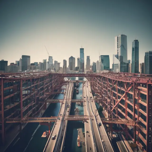 A bridge with real estate asset classes on one side and various investment vehicles (REITs, Mutual Funds, and ETFs) on the other side, symbolizing efficient access to real assets for investors