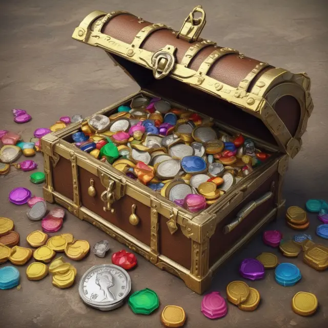 A treasure chest brimming with gold coins, precious gems, and land titles, representing real assets