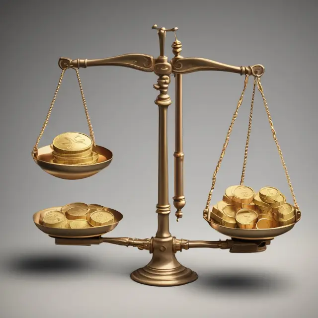 Comparison of nominal and real GDP using economic scales with gold coins representing value and an hourglass symbolizing time